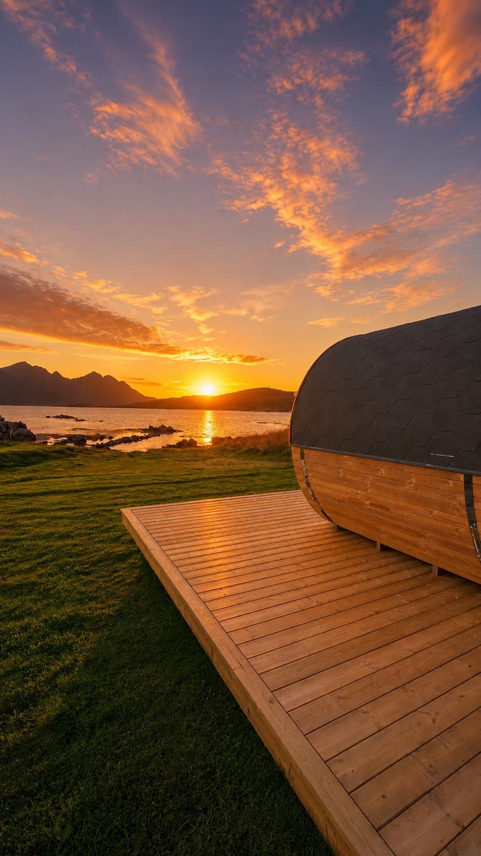 Tønnebadstue på en terrasse ved sjøen i solnedgang, med fjell i bakgrunnen