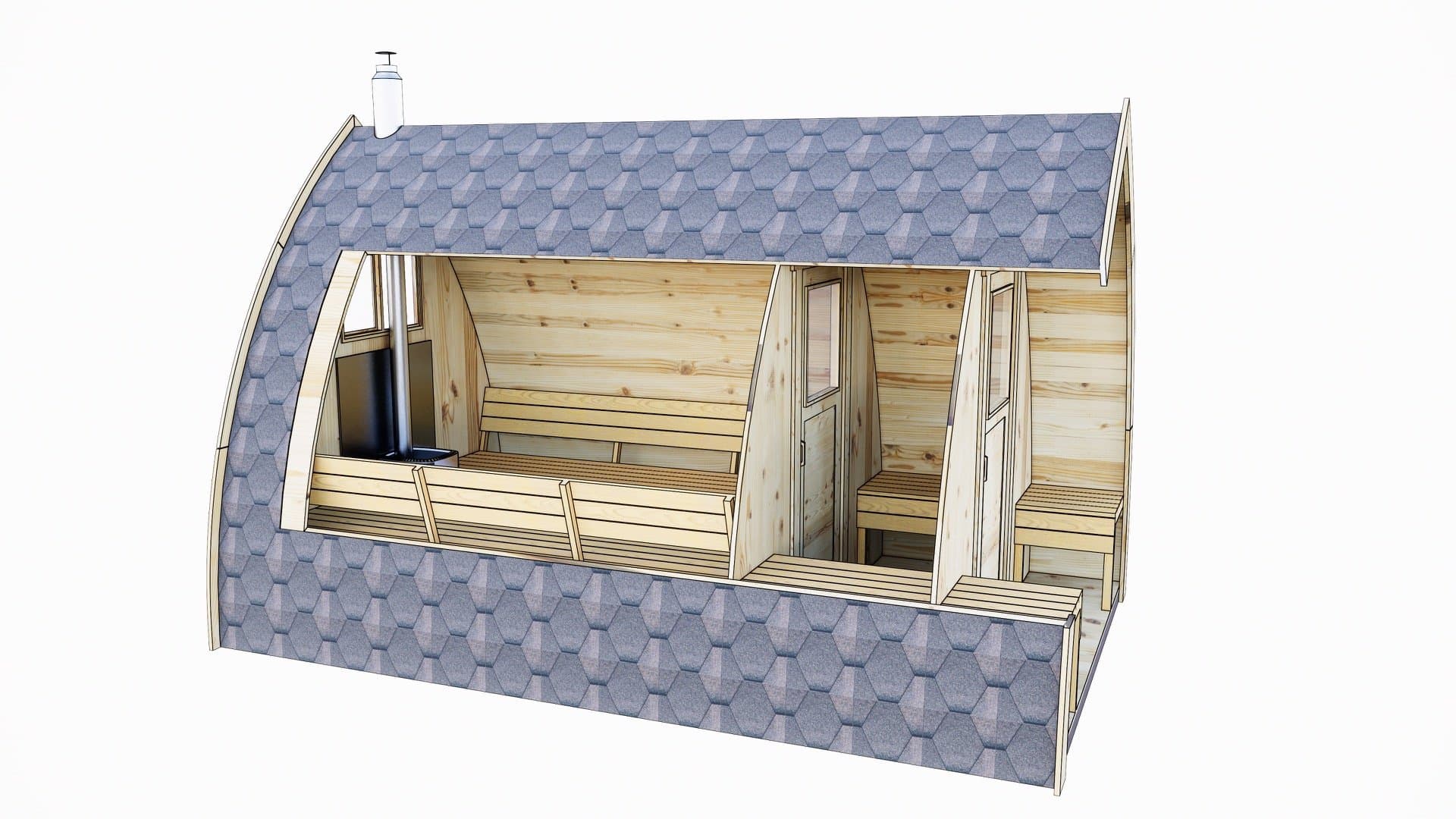 Tegning av en iglobadstue sett i snitt, med badstuerom, garderobe og terrasse